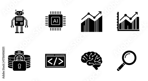 Technology icons: silhouette style featuring ai, robotics, data security, and analytics