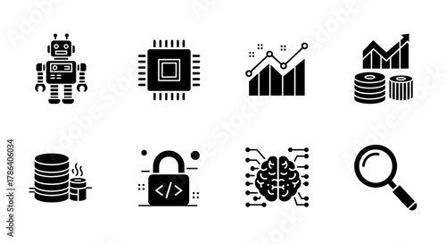 Futuristic technology icons: ai, data, security, and analytics in silhouette style