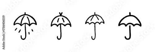 Umbrella Line Icon Set In Doodle Style. Weather Protection And Rainy Day Symbols Outline Sketch Collection. Hand Drawn Isolated Vector Illustration