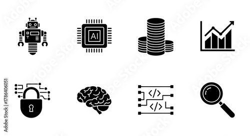 Tech icons set featuring ai robot, circuit, coin stack, graph, lock, brain, code, magnifying glass