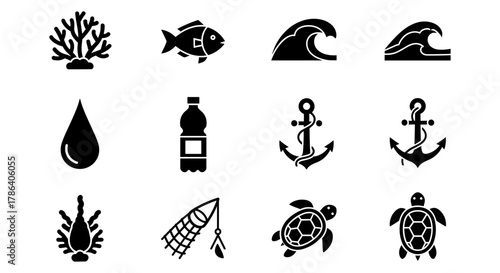 Ocean conservation icons set featuring marine life and environmental symbols