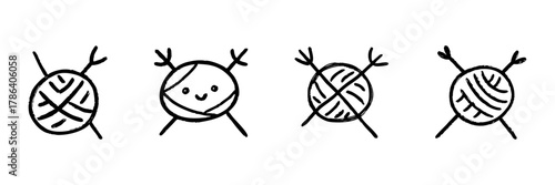 Yarn Balls With Knitting Needles Line Icon Set In Doodle Style. Crafting, Knitting, And Crochet Tools Outline Sketch Collection. Hand Drawn Isolated Vector Illustration