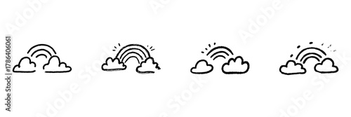 Clouds And Rainbows Line Icon Set In Doodle Style. Weather, Optimism, And Hope Symbolism Outline Sketch Collection. Hand Drawn Isolated Vector Illustration
