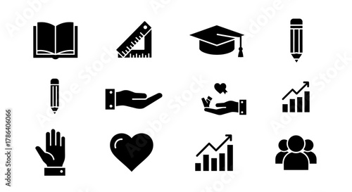 Education and business icons: graduation, growth, and community in black silhouettes