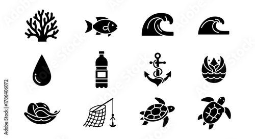 Ocean life silhouettes: marine symbols and nautical icons