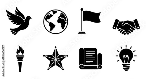 Peace and diplomacy icons set in minimalist silhouette style