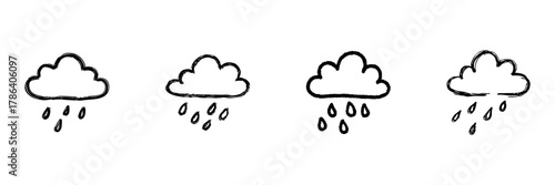 Cloud With Rain Line Icon Set In Doodle Style. Weather Forecast, Rainy Season, And Climate Change Outline Sketch Collection. Hand Drawn Isolated Vector Illustration