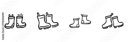Rubber Boots Line Icon Set In Doodle Style. Footwear For Rainy Weather And Outdoor Activities Outline Sketch Collection. Hand Drawn Isolated Vector Illustration