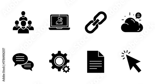 Black silhouette icons: technology, communication, and cloud computing concepts