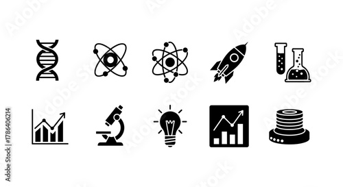 Science and technology icons: dna, molecules, rocket, laboratory equipment, data