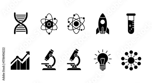 Science and technology icons set: dna, atom, rocket, microscope, light bulb