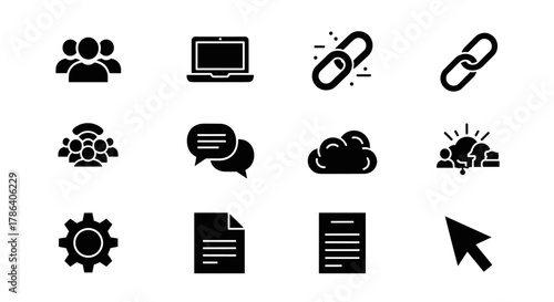 Essential black silhouette icons for business and technology