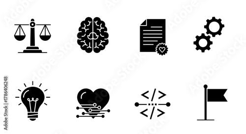 Silhouette icons: justice, innovation, and technology concepts
