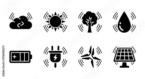 Eco-friendly energy and nature icons: renewable resources in bold silhouette design