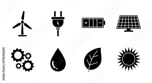 Renewable energy icons set featuring wind turbine and solar panel design