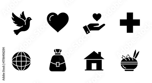 Set of minimalistic icons: dove, heart, healthcare, globe, gift, home, bowl