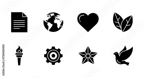 Collection of simple black and white icons: document, globe, heart, leaves, torch, gear, star, dove