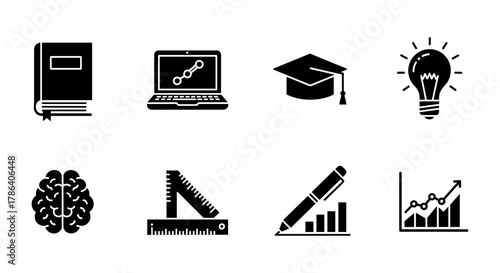 Education and innovation icons: book, laptop, graduation cap, light bulb, brain, ruler, pen, and graph