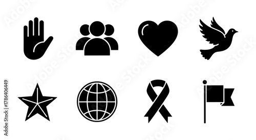 Set of black silhouette icons representing concepts of peace, unity, and awareness