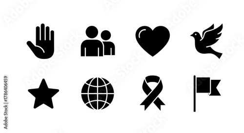 Set of minimalist black icons featuring peace, love, and global unity symbols