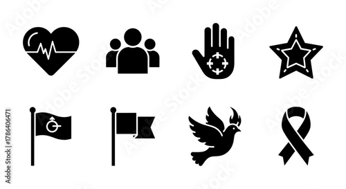 Minimalist icons set: health, community, gaming, creativity, inclusivity, peace, support