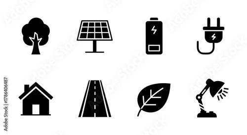 Silhouette icons of sustainable energy and eco-friendly living concepts