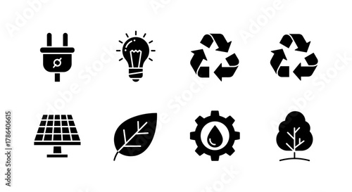 Sustainable energy silhouette icons: solar, recycling, and eco-friendly designs