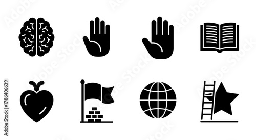 Minimalist icon set featuring brain, hands, book, heart, flag, globe, and star ladder