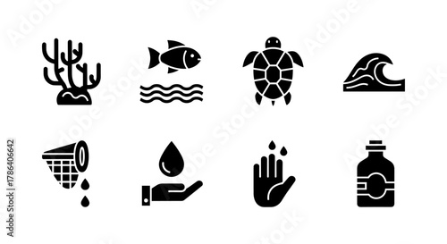 Marine conservation icons: protecting ocean life with simple symbolic designs