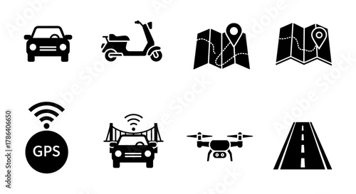 Transportation icons set: car, scooter, map, gps, drone, road symbols in silhouette style