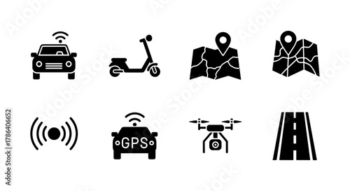 Silhouette icons of smart transportation: cars, drones, maps, gps