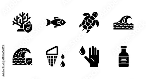 Marine conservation icons: black silhouette set featuring ocean life and environmental symbols