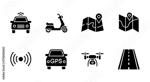 Silhouette icons of transportation and navigation technology