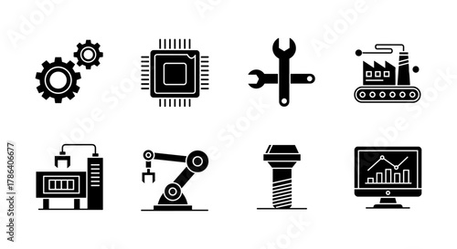 Industrial icons set with silhouette style including automation, robotics, and manufacturing