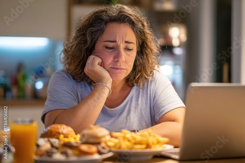 Overweight woman surrounded by snacks at home
