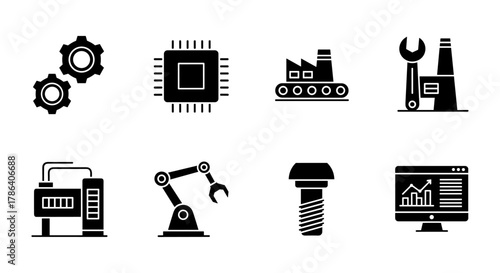 Industrial machine icons set for automation and manufacturing