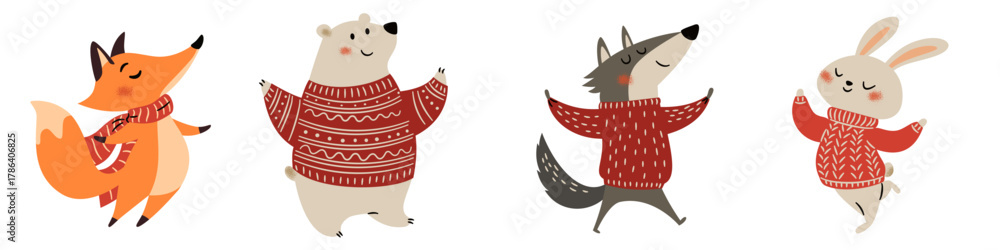 Fototapeta Cute forest animals wearing scarves and winter sweaters: a wolf, a hare, a bear, and a fox. A set of flat vector illustrations on a white background. . Vector illustration