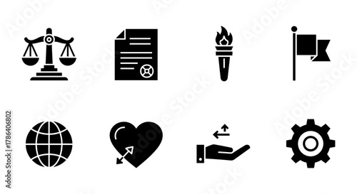 Silhouette symbols set: justice, document, torch, flag, globe, heart, hand, gear