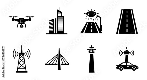 Urban infrastructure icons set featuring drone, buildings, and communication tower