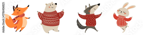 Cute forest animals wearing scarves and winter sweaters: a wolf, a hare, a bear, and a fox. A set of flat vector illustrations on a white background. . Vector illustration