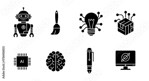 Innovative technology and creativity icons in black silhouette collection
