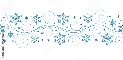 Elegant blue snowflake border with swirling frost patterns on white background