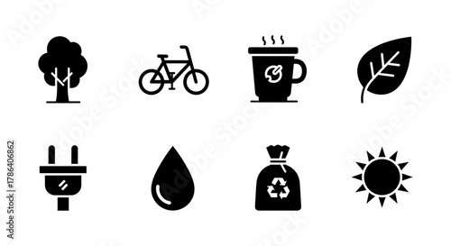 Eco-friendly icons collection featuring nature, recycling, and energy symbols in simple black silhouette style