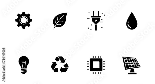 Sustainable energy and eco-friendly technology icons in silhouette style