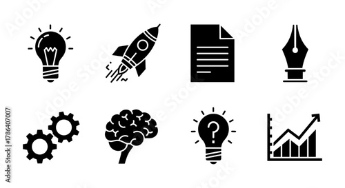 Innovative icon set featuring brainstorming, rocket launch, and analytics symbols in black silhouette style