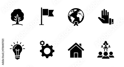 Black silhouette icons: nature, global awareness, innovation, teamwork, and home concepts