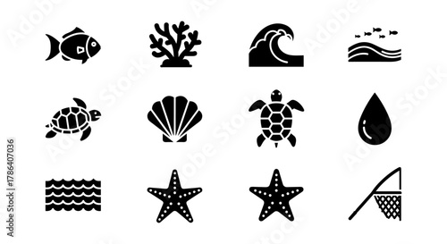 Ocean themed silhouettes: marine life, waves, and sea creatures icons collection