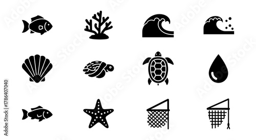 Marine icons set: aquatic creatures and ocean elements in silhouette style