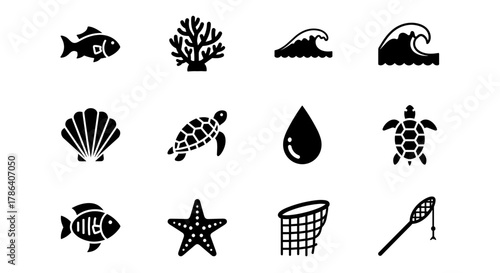 Minimalist marine life icons: aquatic animals and ocean elements in silhouette style