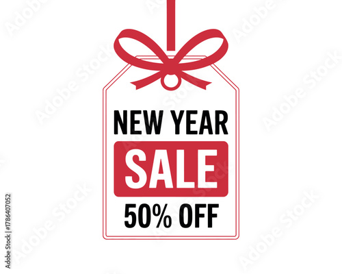 Festive New Year sale tag with 50% off discount and red ribbon